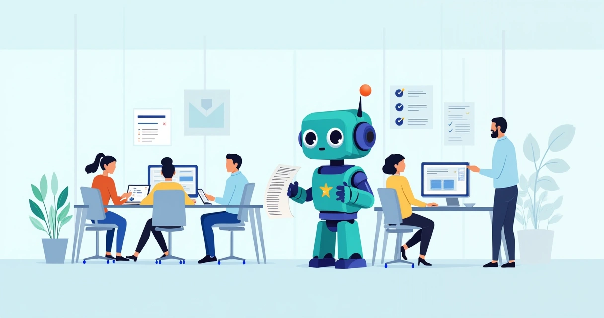 Ilustração de um robô enviando faturas automaticamente em um escritório moderno, representando a automação de processos.