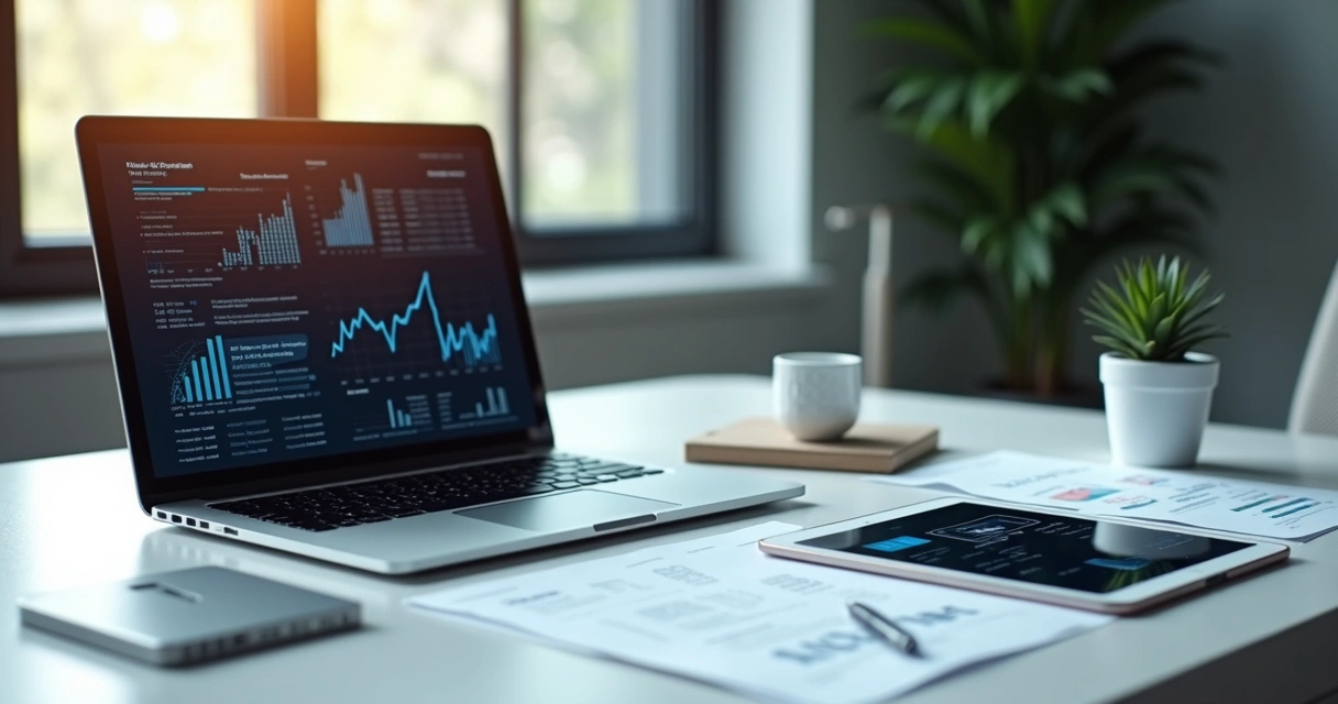 Mesa de escritório com laptop aberto exibindo gráficos digitais, tablet com chatbot em funcionamento, e papéis com anotações de processos automatizados para pequenas empresas 