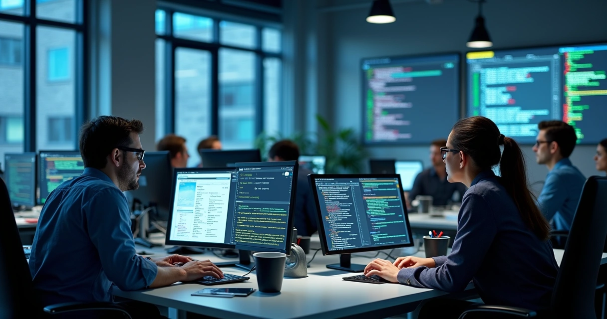 Equipe de TI executando automação de testes em computadores