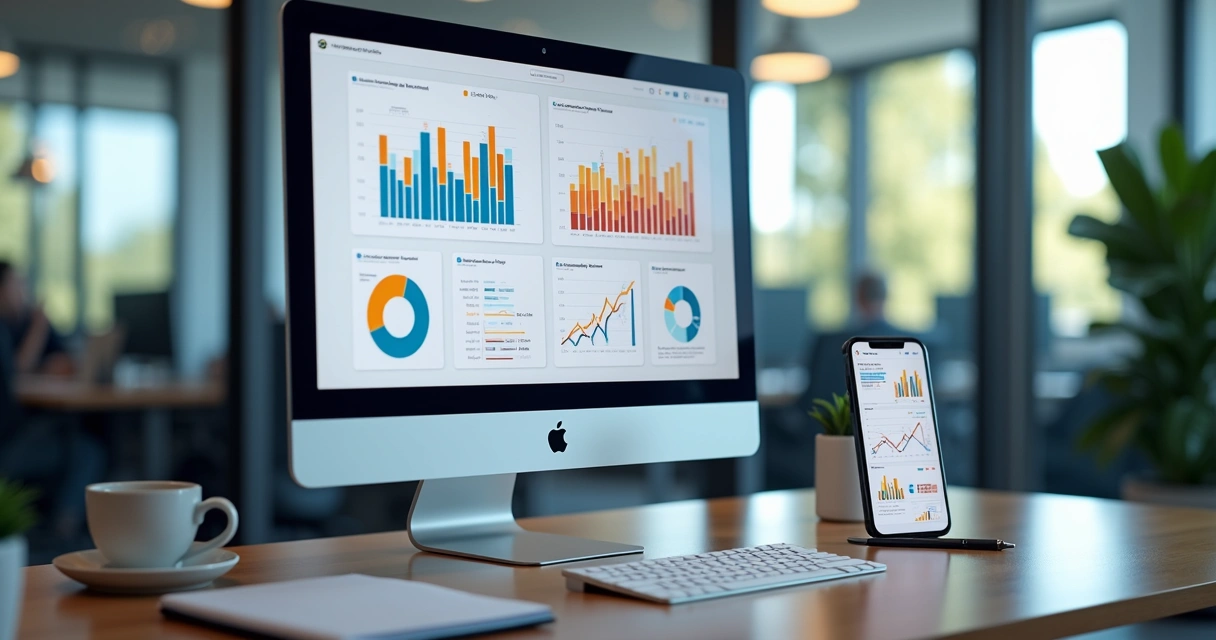 Mesa de trabalho moderna com computador, smartphone e gráficos de vendas digitais na tela, destacando automação de vendas com tecnologia avançada 