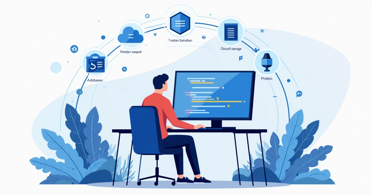 Ilustração corporativa em flat mostrando um desenvolvedor interagindo com uma plataforma IA Lovable para automação de código em SaaS 