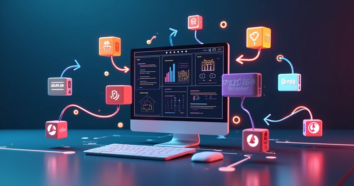 Painel 3D estilizado mostrando ícones de devoluções e trocas conectados a múltiplos marketplaces e sistemas ERP em um só dashboard digital 