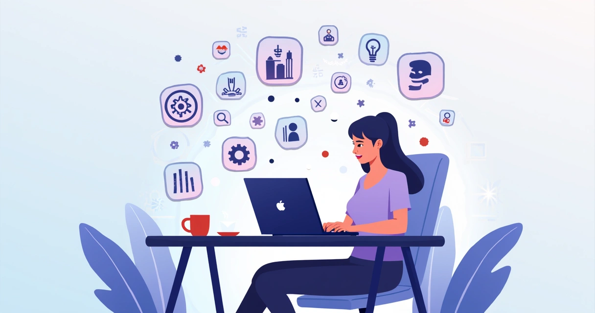 Ilustração corporativa com mulher usando laptop conectada a ícones digitais de automação e branding 