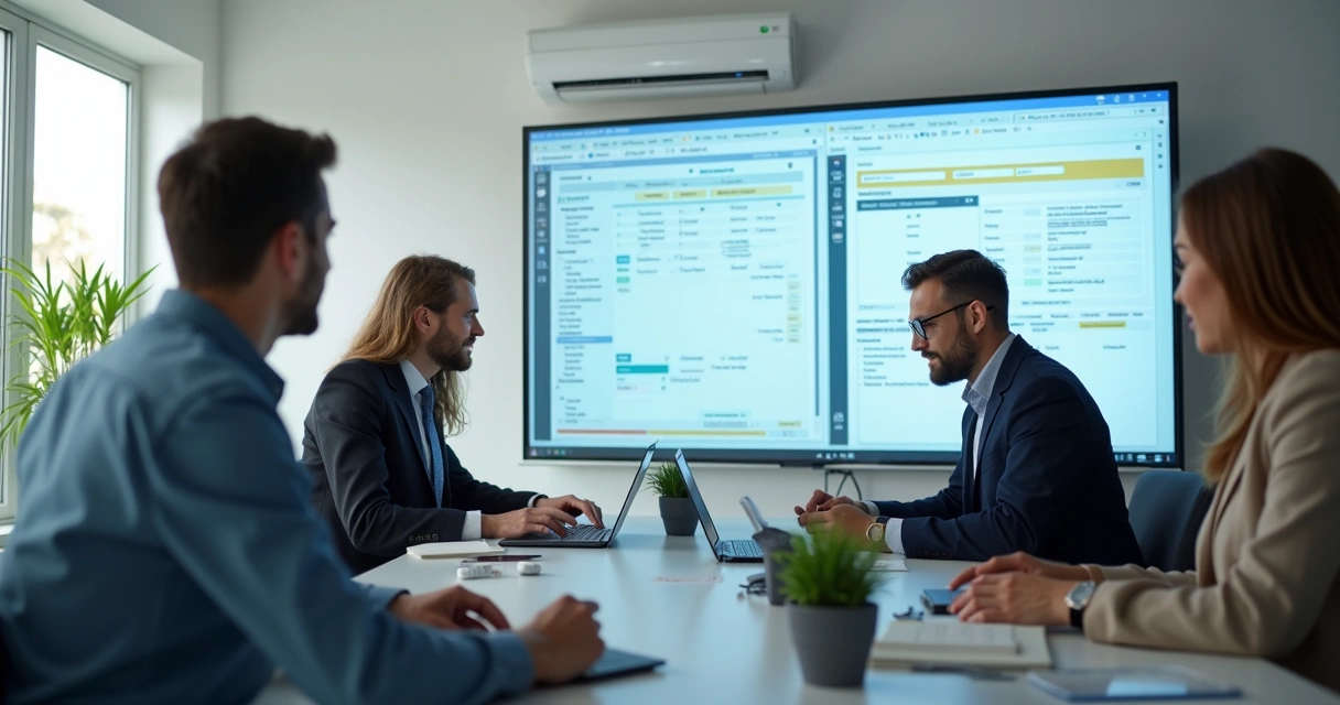 Equipe de contadores operando sistemas digitais em ambiente moderno