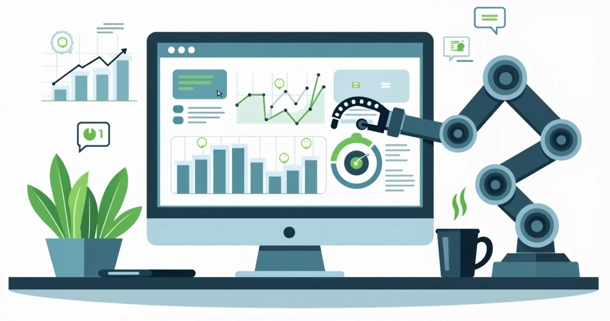 Automação digital no painel de controle com gráficos e notificações. 