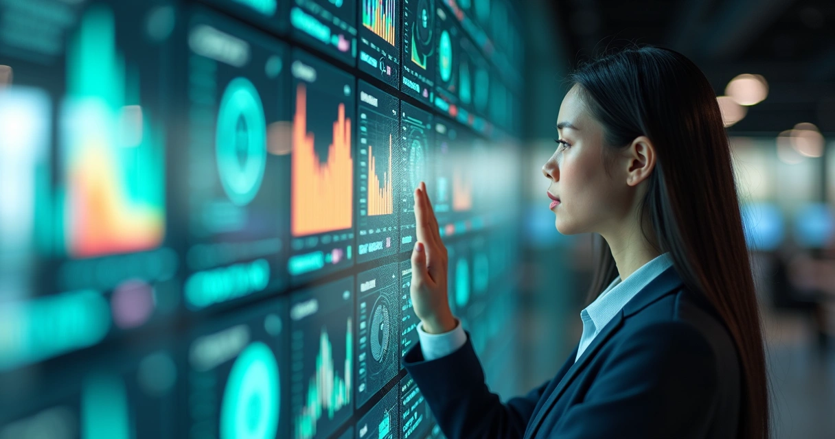 Painel digital com gráficos de automação e integração de sistemas em um ambiente empresarial moderno 