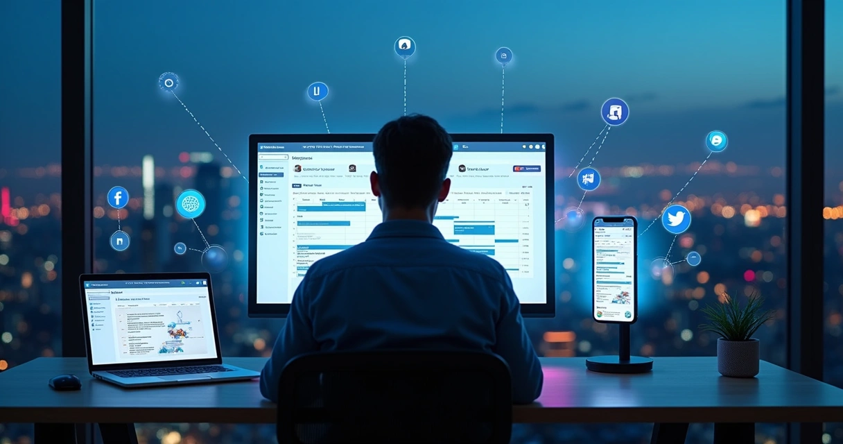 Profissional monitorando automação de posts de blog nas redes sociais em vários dispositivos 