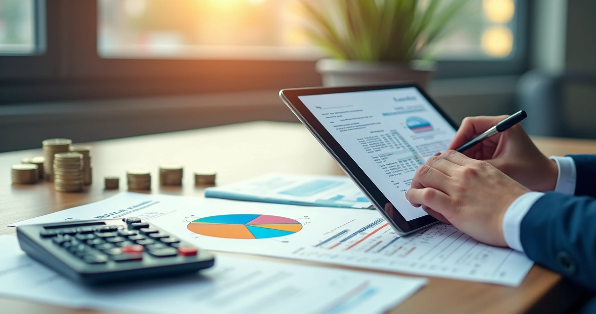 Documentos fiscais digitalizados ao lado de gráfico financeiro colorido