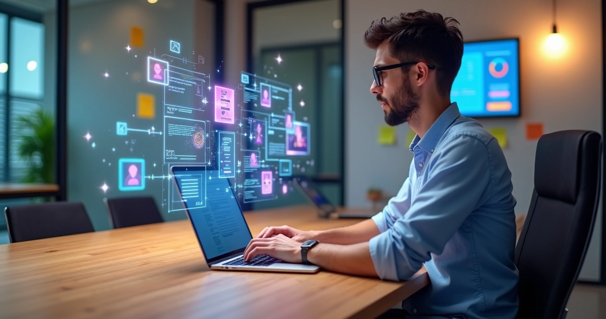 Profissional de RH automatizando documentos digitais em painel de sistema no-code 