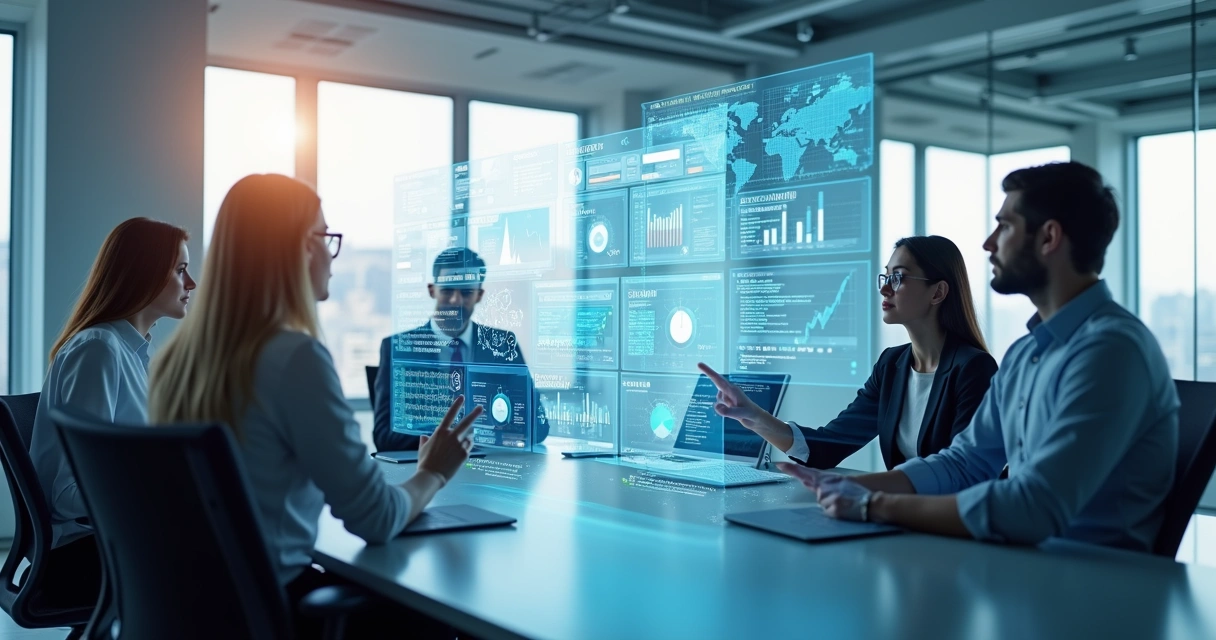 Equipe de profissionais analisando dados digitais em telas holográficas para automatizar due diligence em fornecedores 