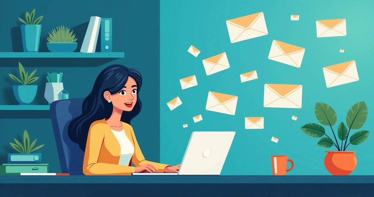 Pessoa digitando em laptop com e-mails automatizados na tela