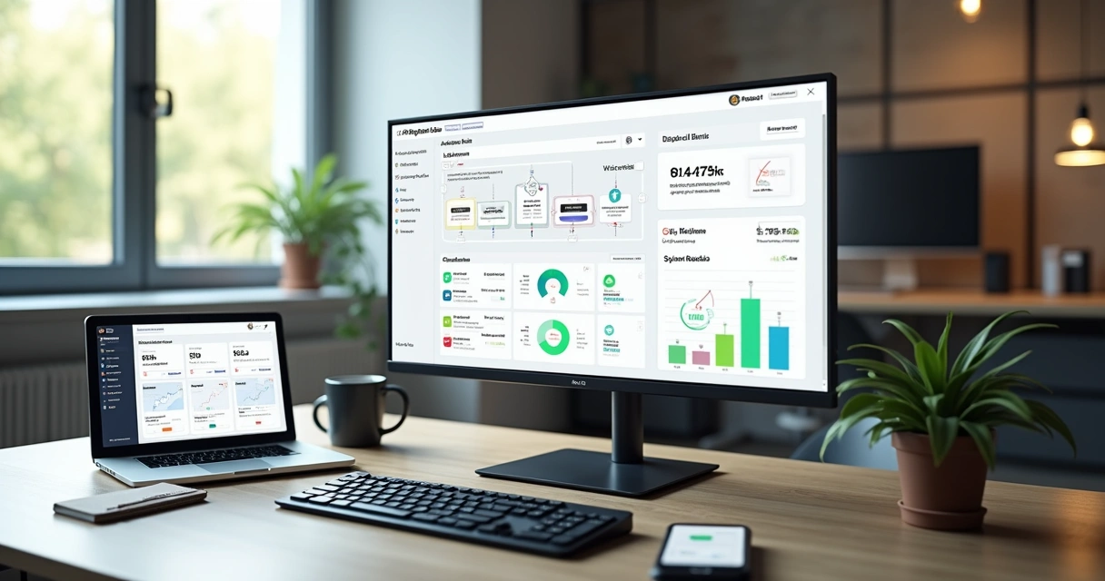 Tela de computador com fluxo de automação de e-mail para e-commerce e gráficos de vendas 