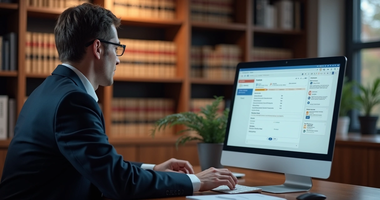 Advogado trabalhando com automação de e-mail em tela de computador 