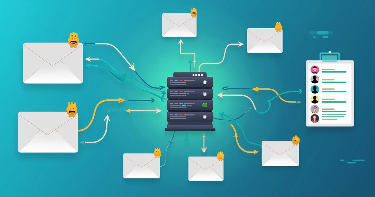 Ilustração de automação de envio de e-mails em sindicatos, robôs conectando servidores de e-mails e listas de contatos