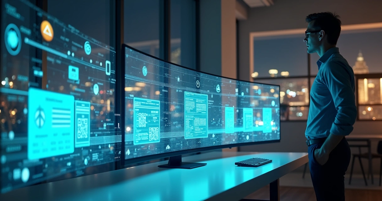 Profissional observa linha de produção digital emitindo notas fiscais eletrônicas 