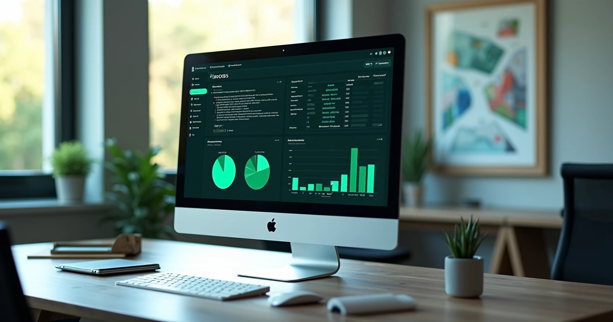 Computador exibindo painel de emissão automatizada de notas fiscais com gráficos e código API em ambiente moderno de escritório