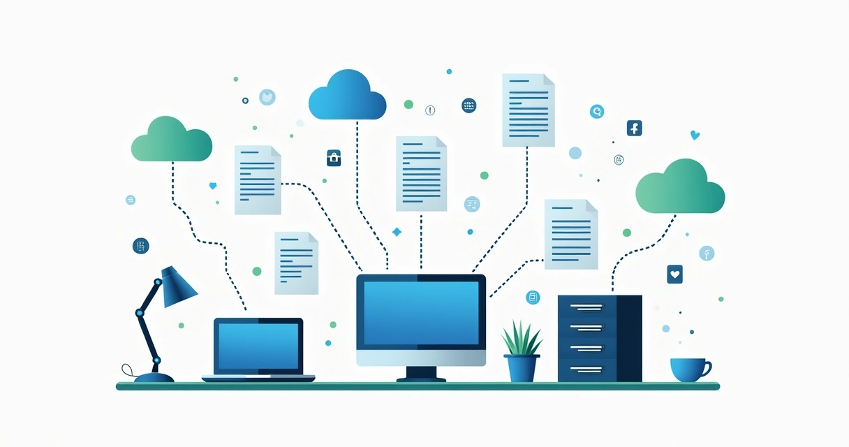 Ilustração abstrata de integrações entre computadores, nuvem e documentos 