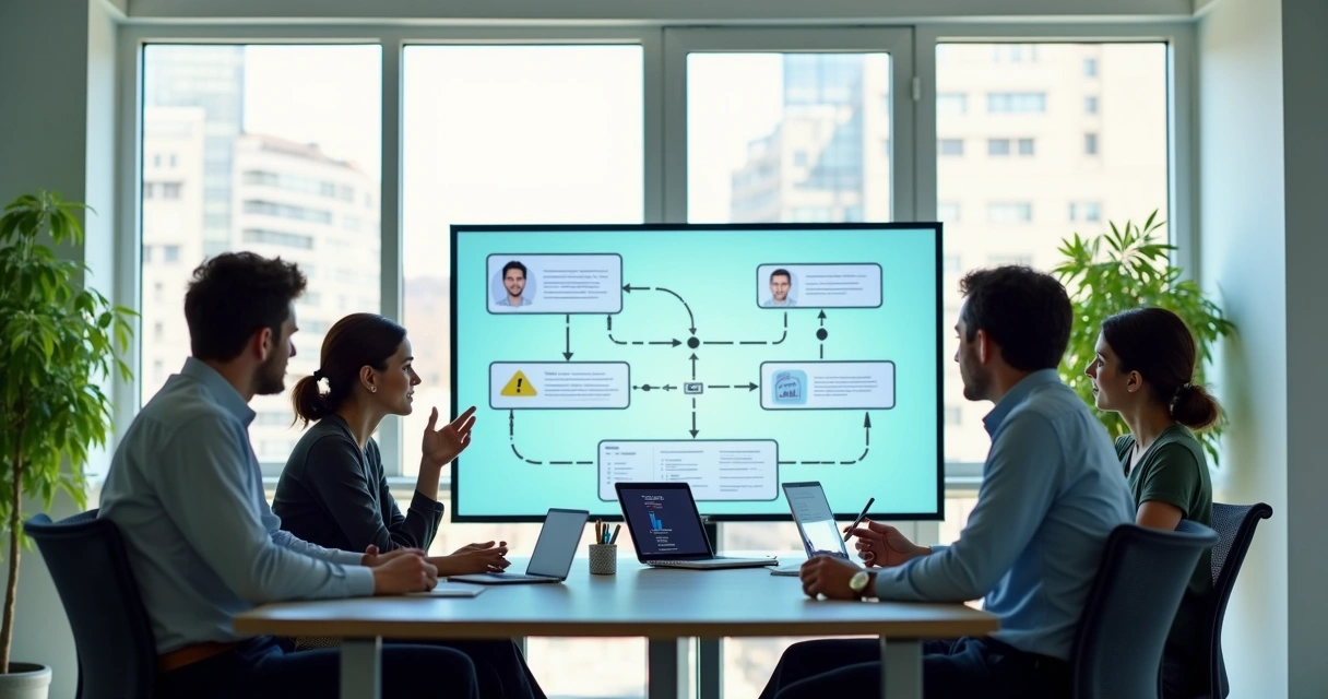 Equipe em escritório usando fluxos visuais de automação de processos 