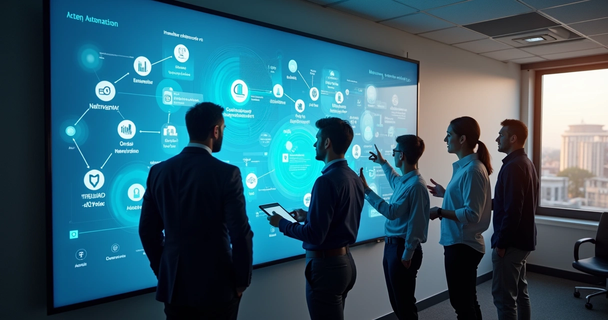 Equipe de negócios usando automações digitais em fluxo com nodes em grande tela no escritório. 