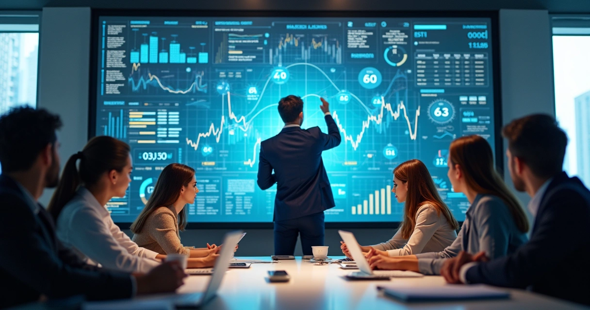 Equipe de empresa em escritório moderno utilizando dashboards digitais