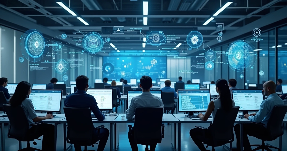 Escritório moderno com telas mostrando gráficos digitais e ícones de inteligência artificial integrando processos empresariais 
