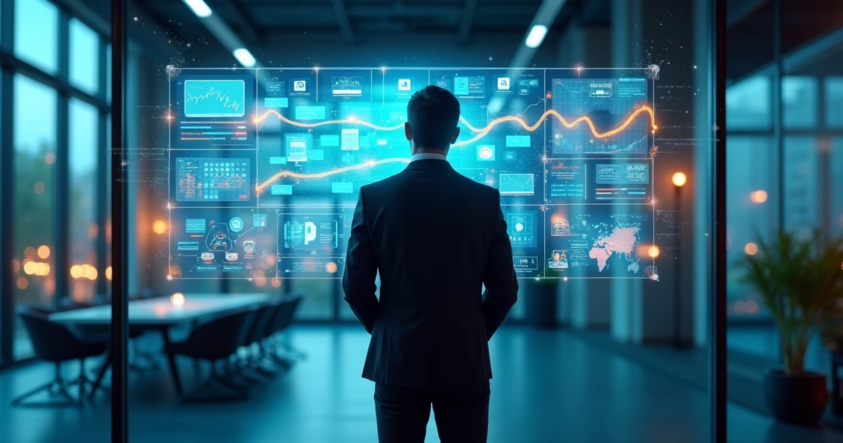 Executivo observa painel digital com fluxos automatizados por IA no escritório 