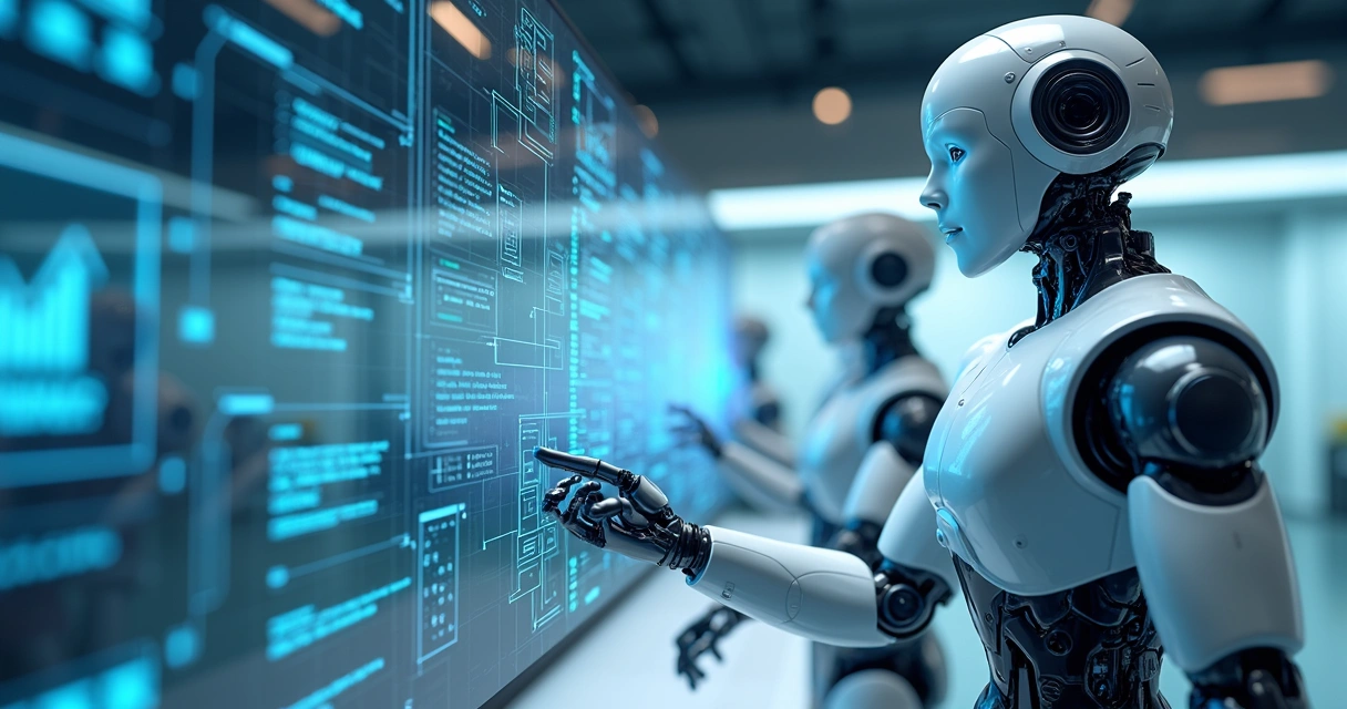 Representação de automação empresarial com IA mostrando robôs digitais interagindo com gráficos de processos e sistemas integrados 