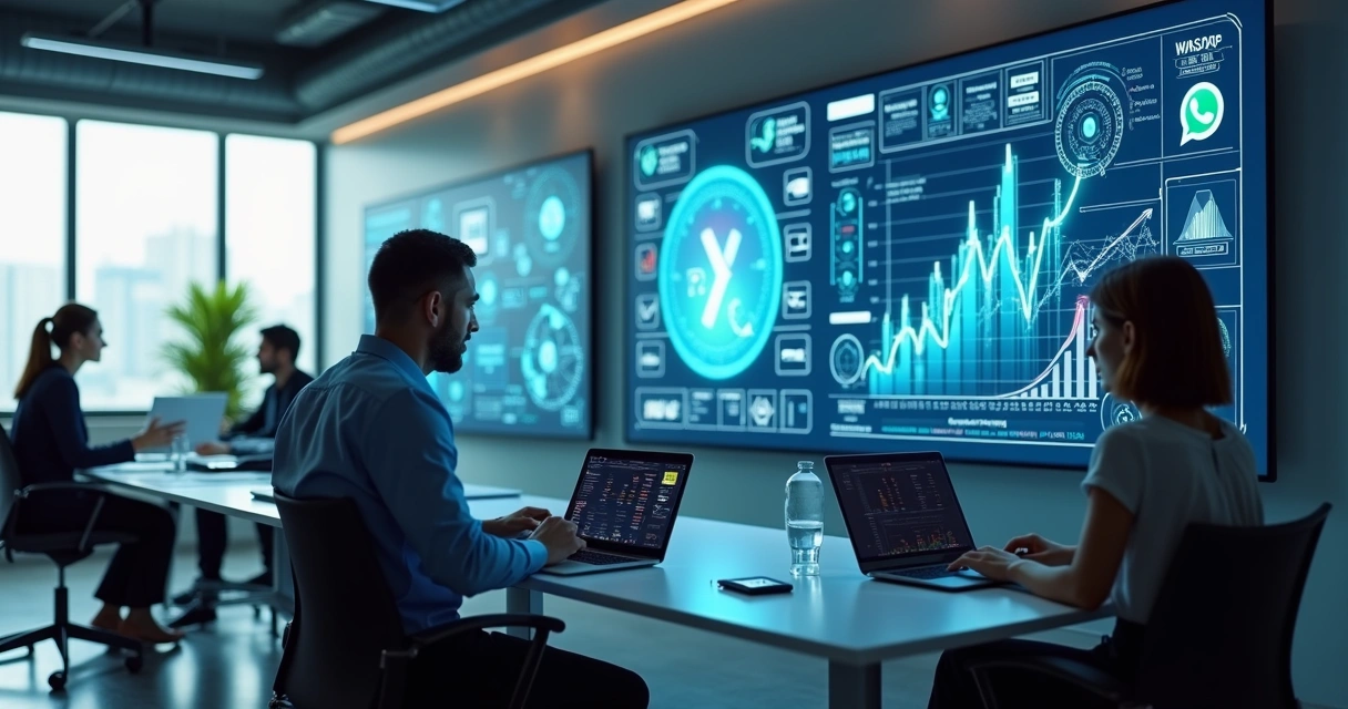 Fluxo de automação empresarial com inteligência artificial integrando WhatsApp, Instagram e CRM em ambiente de escritório moderno 