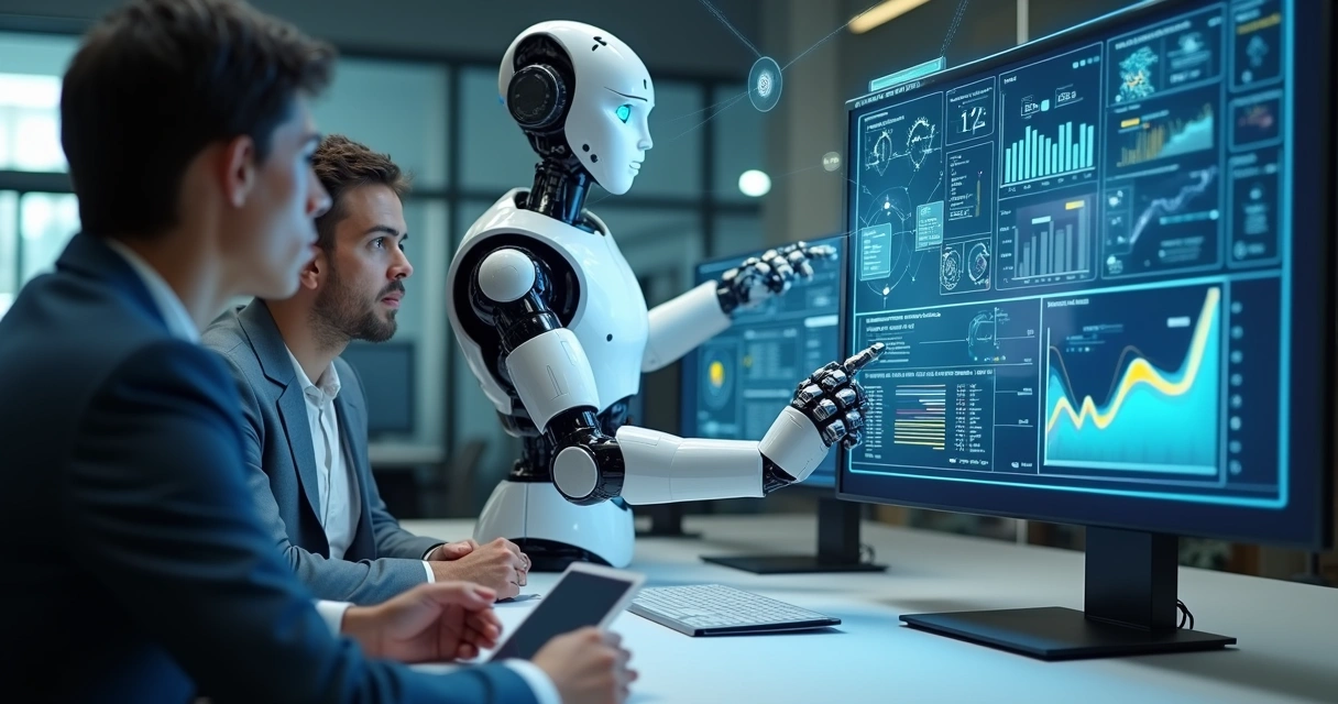 Robô digital analisando dados empresariais na tela de um computador 