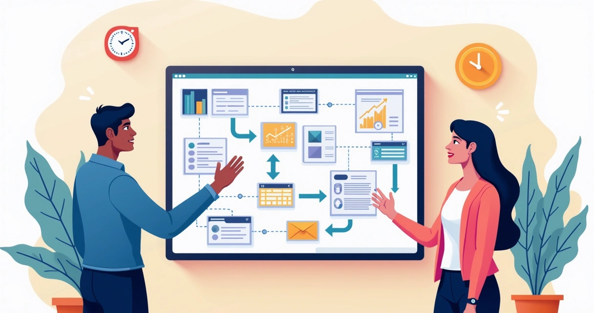Profissionais usando interface gráfica para configurar automações em computadores 
