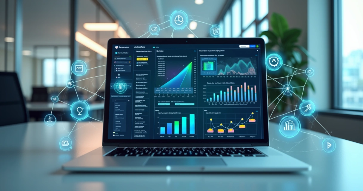 Mesa de escritório com laptop mostrando software de automação, gráficos digitais flutuantes e conexões de rede em fundo moderno 