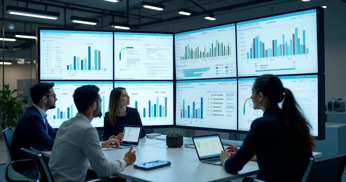 Telas de sistemas conectados mostrando gráficos de performance e automação integrada 
