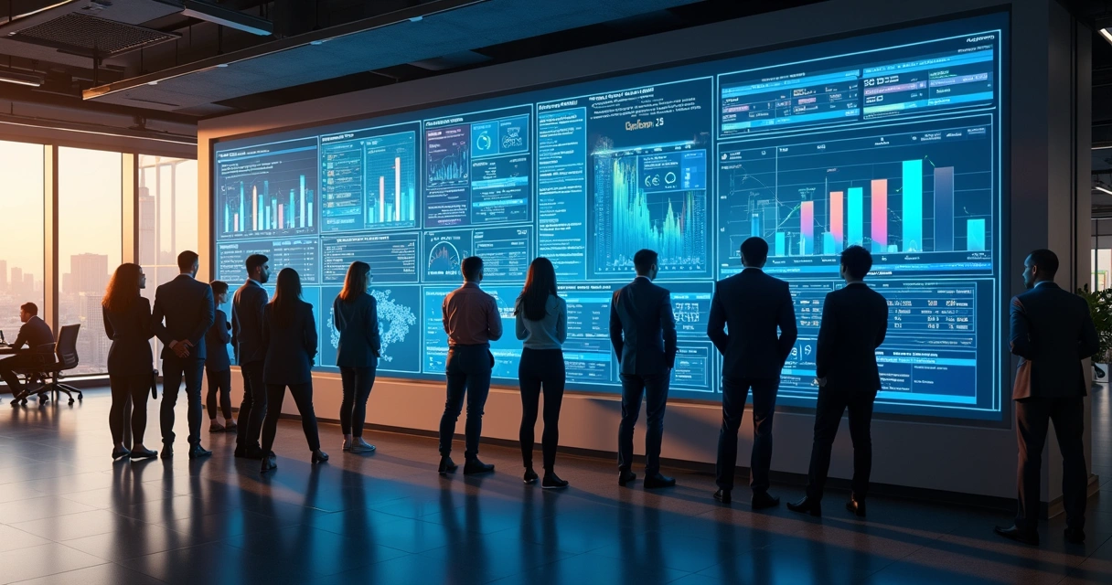 Equipe de funcionários observando painéis digitais automatizados na parede 