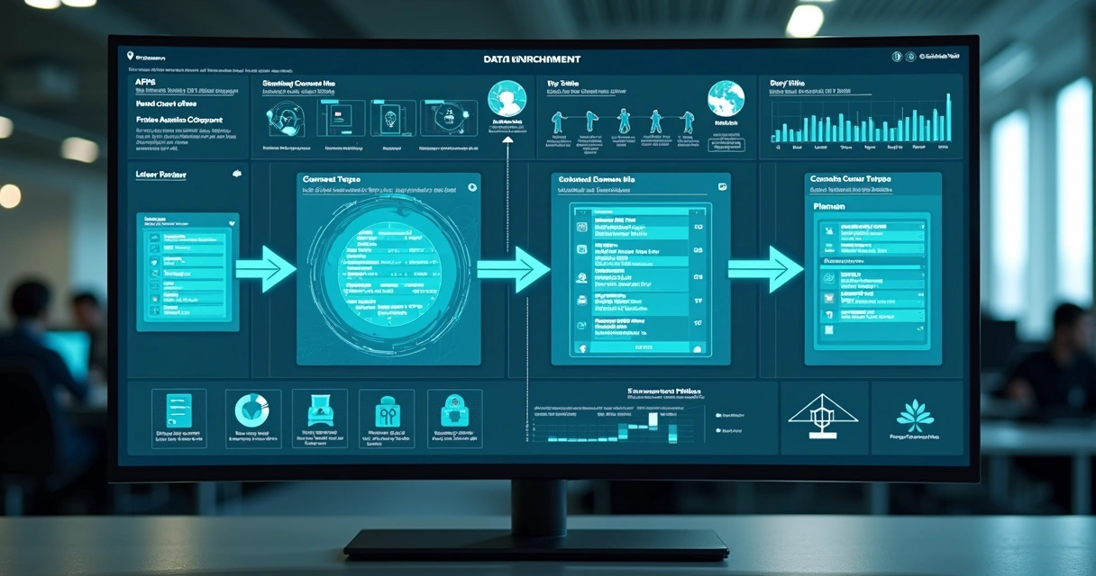 Interface digital mostrando enriquecimento automatizado de dados cadastrais 