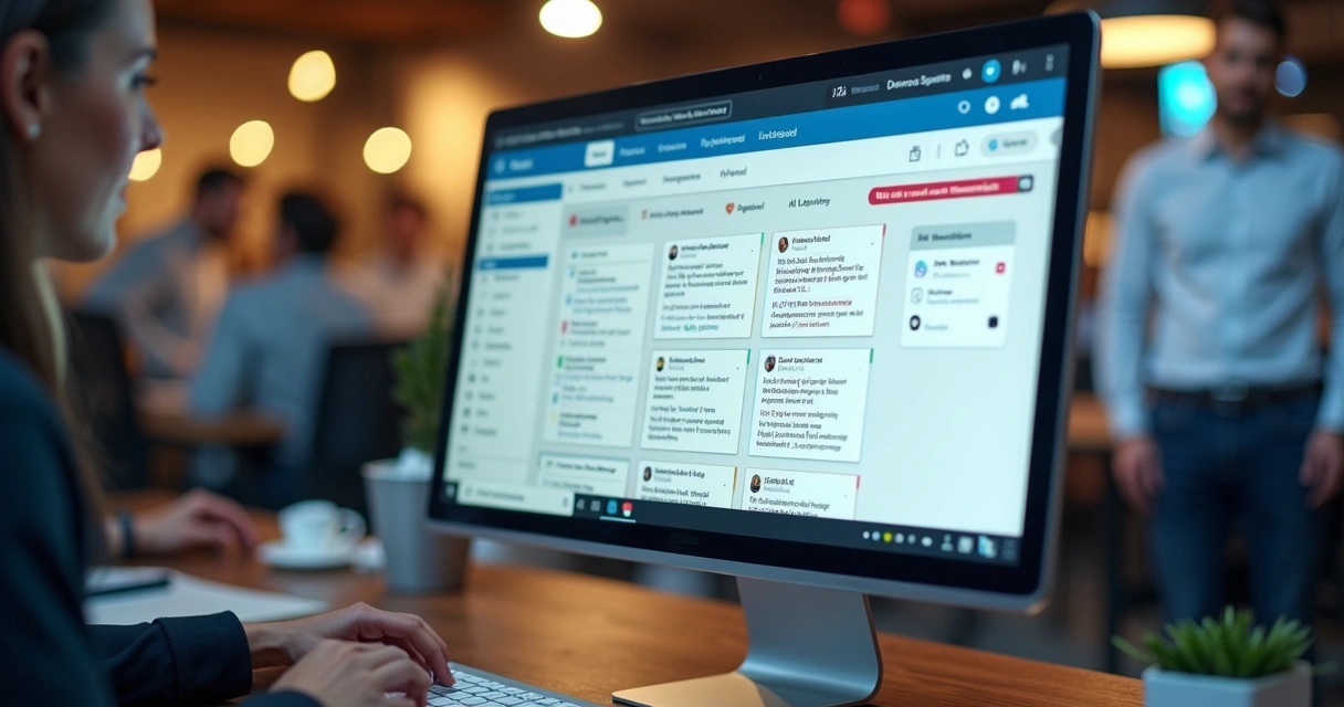 Tela de computador exibindo automação de envio de DM no LinkedIn para múltiplos leads 