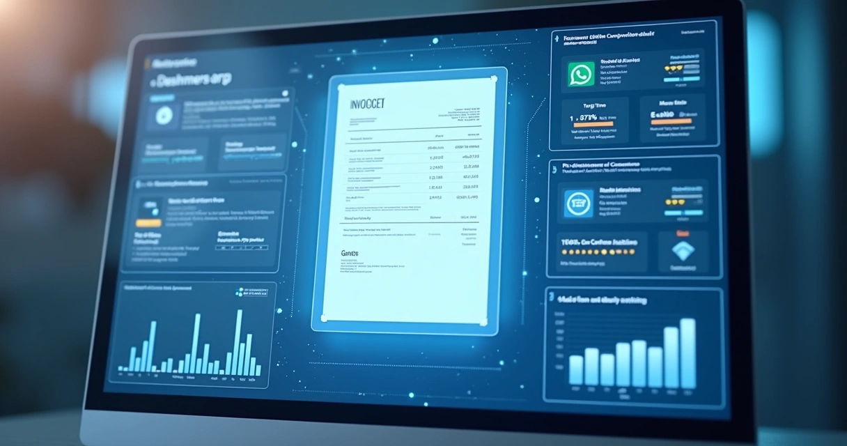 Painel digital com nota fiscal eletrônica e ícones de comunicação em destaque 