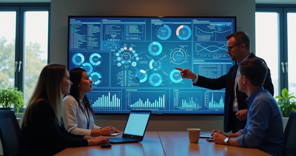 Profissionais em escritório observando tela com gráficos de automação e processos conectados. 