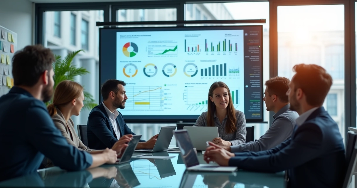 Equipe de negócios reunida discutindo automações com gráficos digitais flutuando na mesa