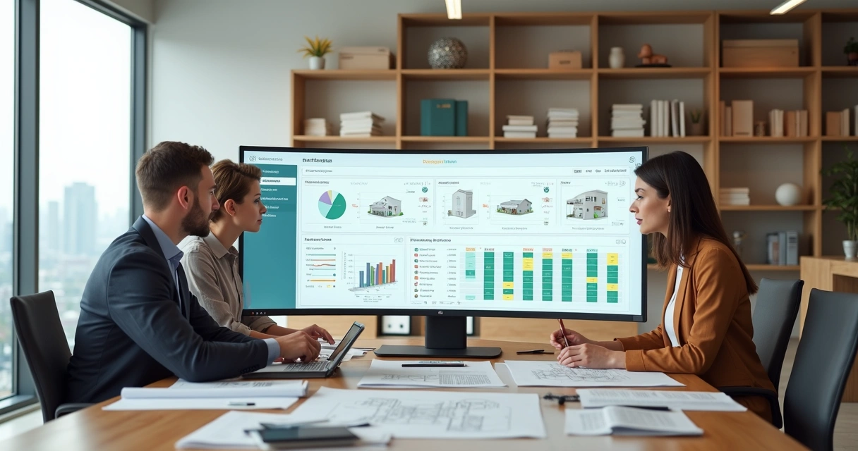 Arquitetos analisando painel digital com CRM e automação no escritório 