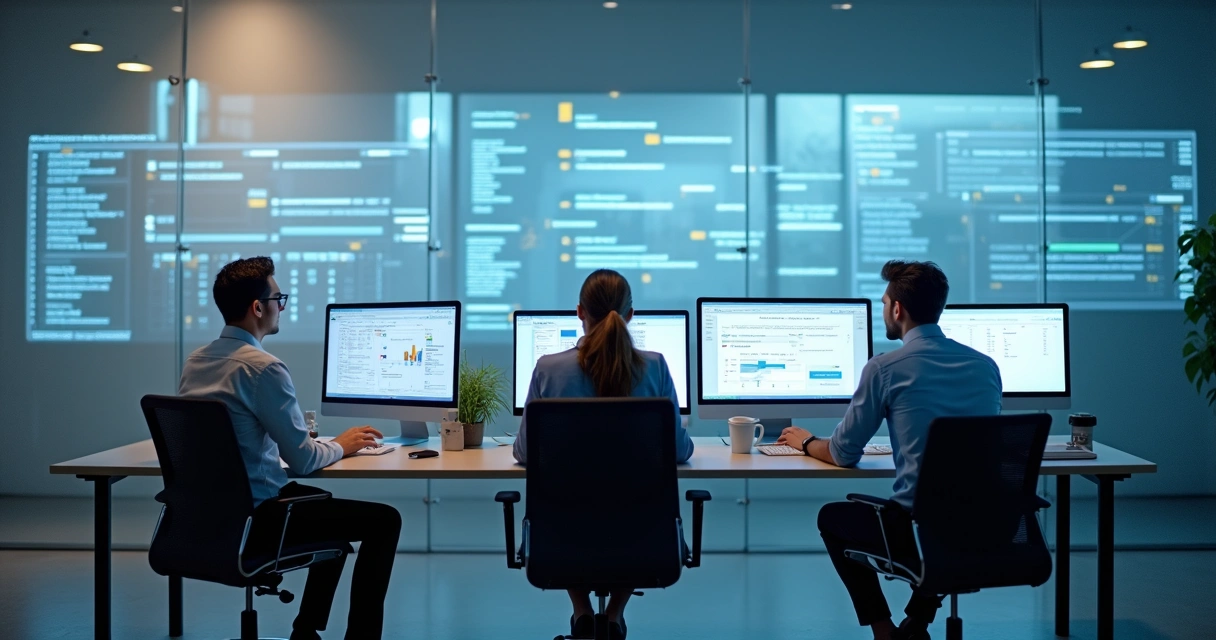 Funcionários de escritório contábil usando computadores em tarefas automatizadas 