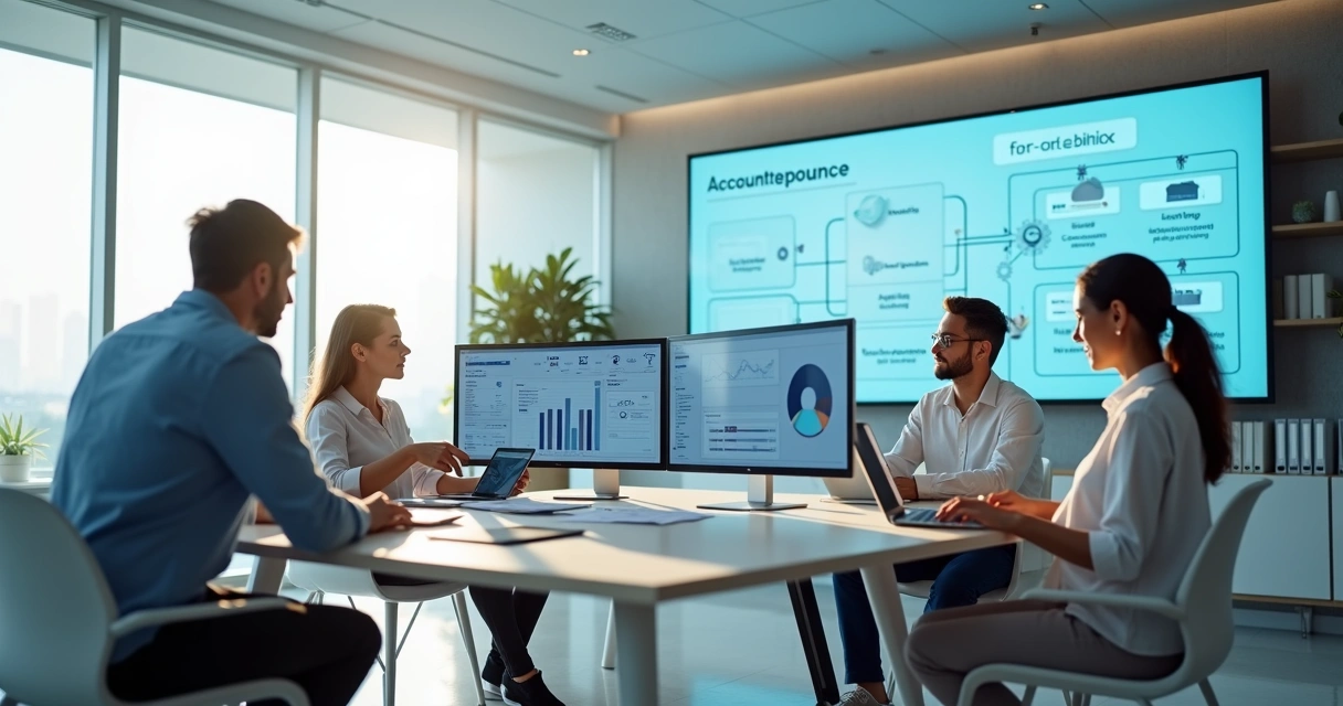 Equipe contábil em escritório moderno usando ferramentas de automação em computadores 