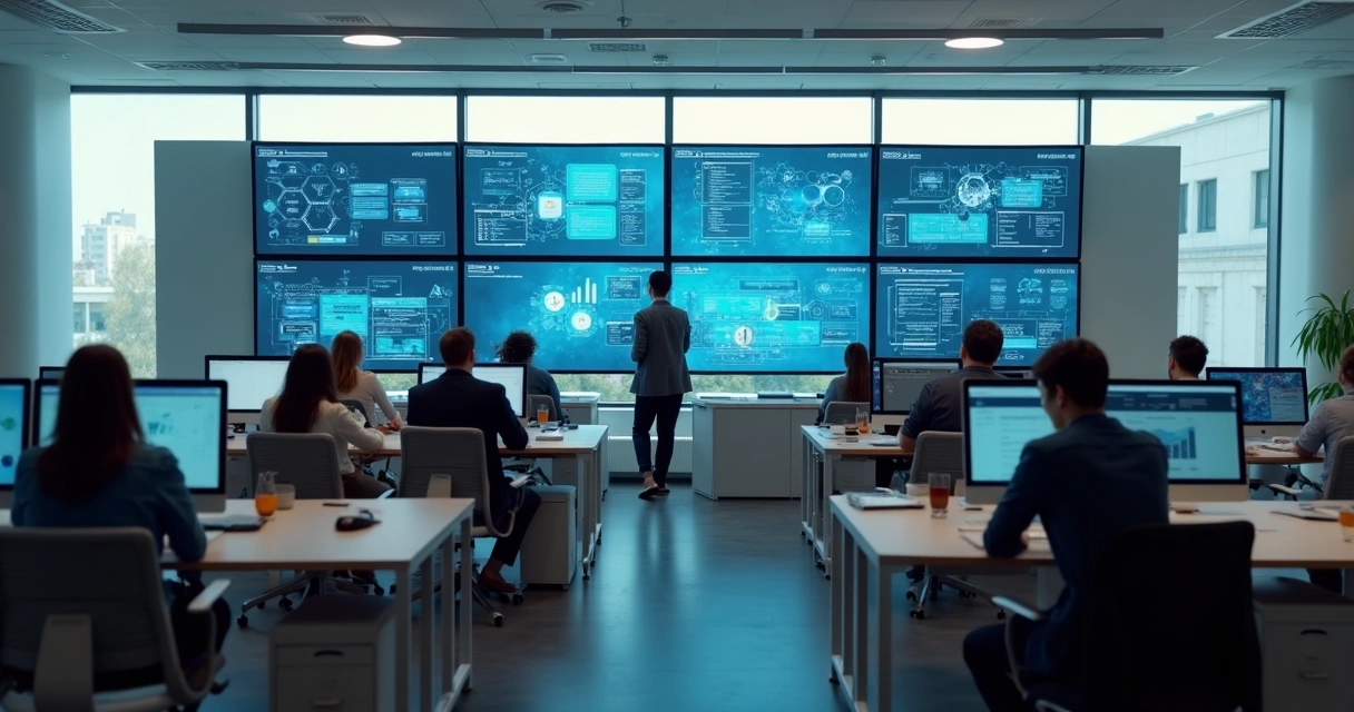 Equipe em escritório moderno com telas mostrando fluxos automatizados 