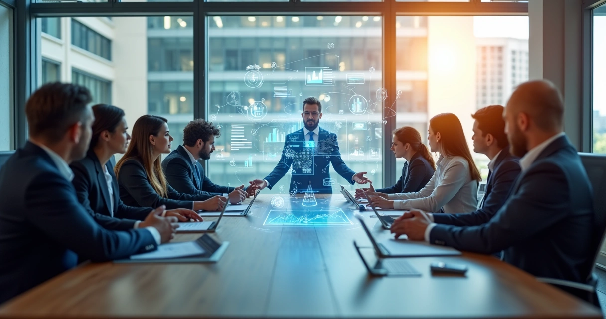 Equipe trabalhando em escritório moderno com sistemas digitais integrados