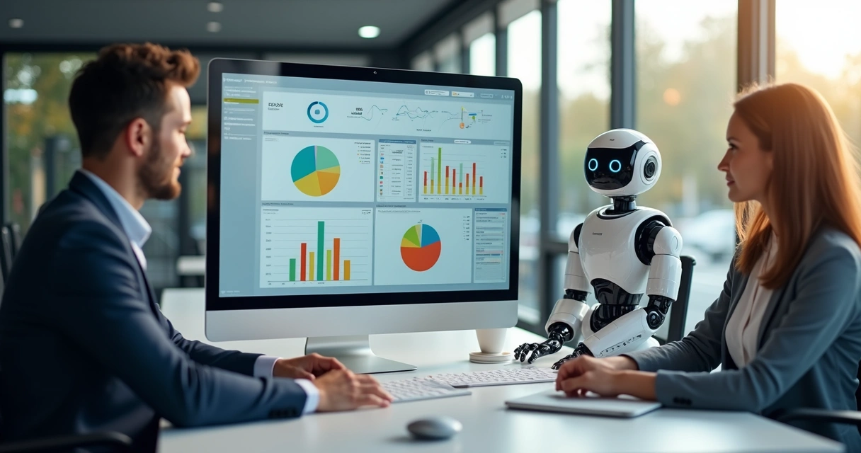 Funcionários em escritório moderno, computador exibindo gráficos, robô colaborando ao fundo 