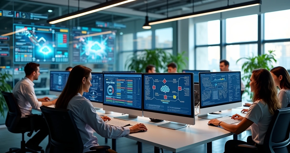 Equipe usando automação em escritório moderno 