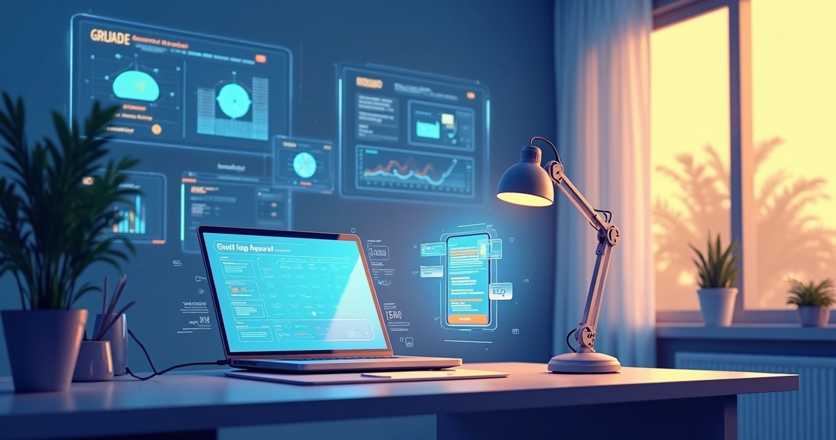 Ilustração de um escritório moderno com tecnologia de automação, holograma gerenciando tarefas e telas digitais organizando informações.