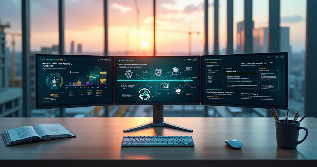 Fluxo digital automatizado conectando obra física ao sistema eSocial em ambiente moderno de escritório 
