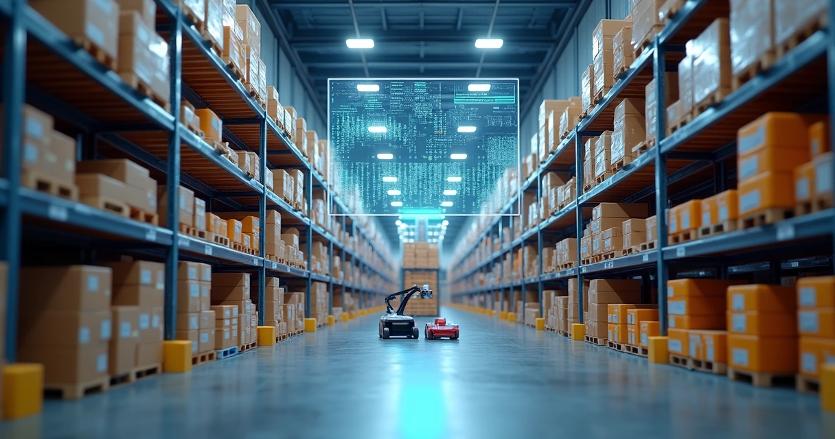 Armazém com robôs e IA gerenciando estoque 