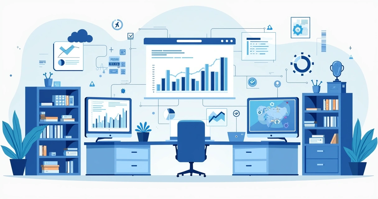 Ilustração de automação e integração entre setores, com destaque para ERP, estoque e setores conectados. 