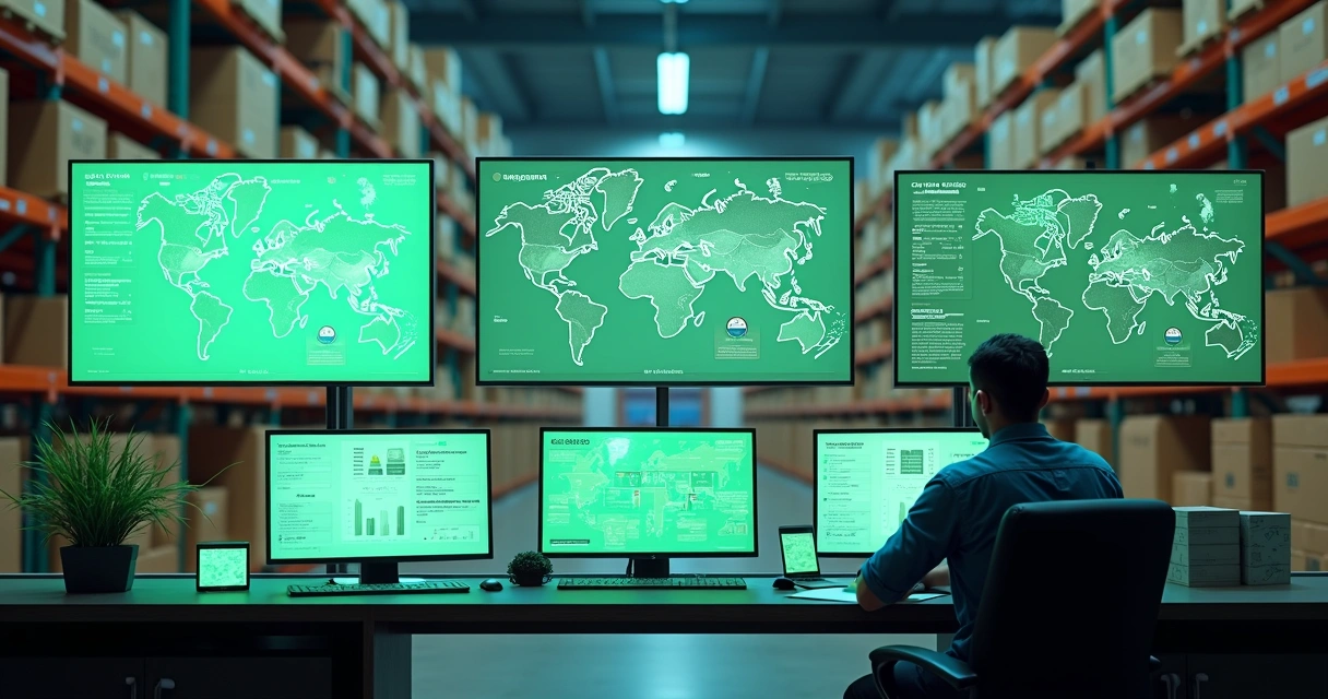 Telas de sistema WMS com gráficos ambientais e prateleiras automatizadas 